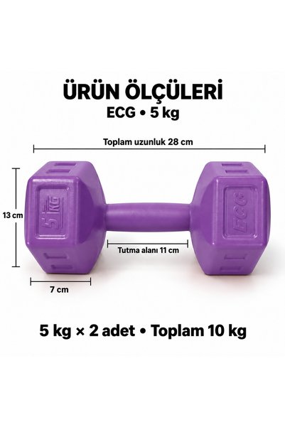 ECG Spor 5 Kg Dambıl Seti 5 Kg X 2 Adet Toplam 10 Kg Ağırlık Seti Mor