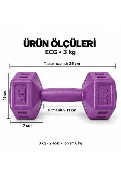 ECG Spor 3 Kg Mor Dambıl Seti 3 Kg X 2 Adet Toplam 6 Kg Ağırlık Seti