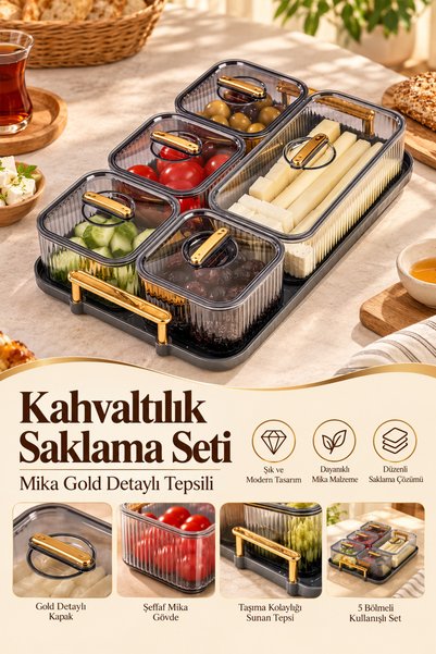 Poomy 6 Parça Gold-Antrasit Renkli Tepsili Kahvaltı Sunum Tepsisi