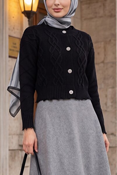 Modamorfo Roztrhaný Crop Cardigan s kamennými knoflíky - černý