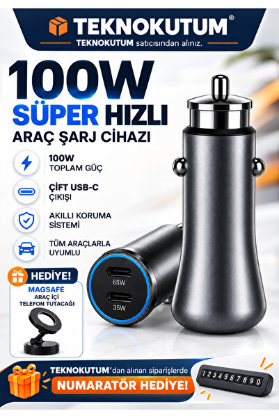 100W Süper Şarj Özellikli Araç Içi Çakmaklık Portu 2 Port TUTACAK HEDİYE