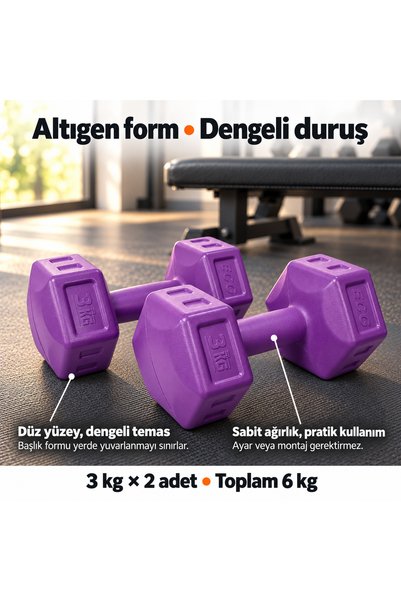 ECG Spor 3 Kg Mor Dambıl Seti 3 Kg X 2 Adet Toplam 6 Kg Ağırlık Seti