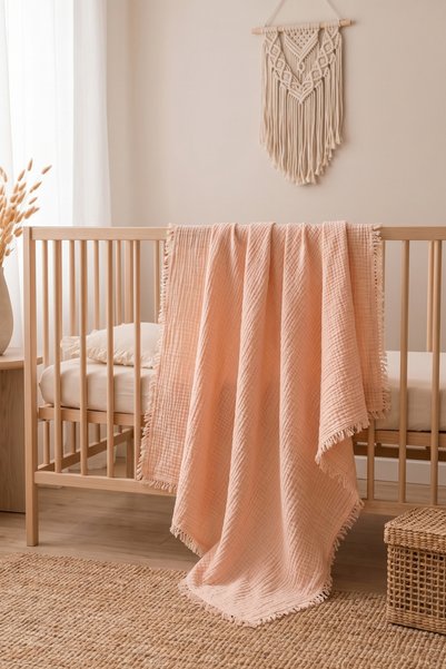 HEİANMONO Baby Blanket 100% Cotton Muslin & 4 Layers & Salmon (100X120 cm) (250 Grams)