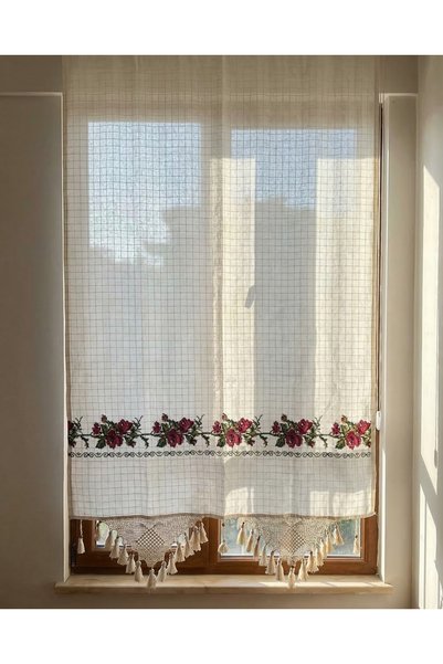 Generic Brand Buldan Work Canvas Curtain Red Embroidered