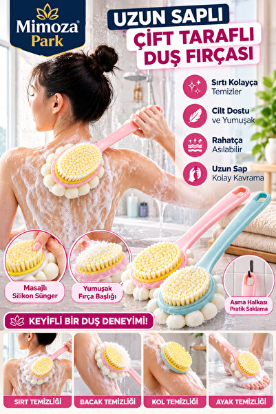 MİMOZA PARK 2'si 1 arada kıl ve lif kabağı ile duş vücut fırçası Uzun Saplı S...