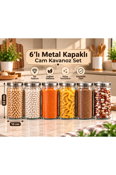 Pembelia Life 6’lı Metal Vakum Kapaklı Cam 1300 cc Bakliyat Erzak Saklama Kav...