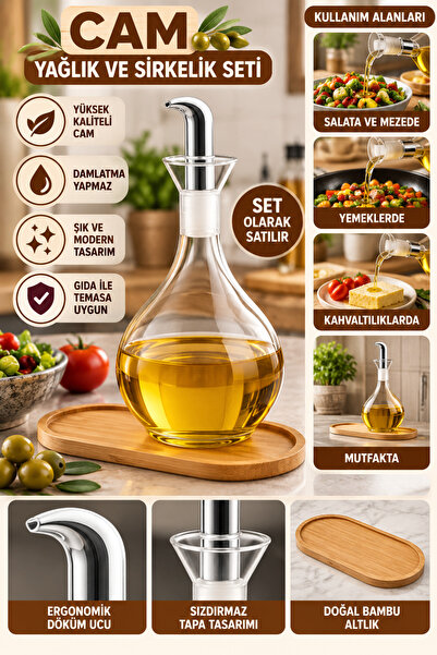 MİMOZA PARK Borosilikat Cam Yağlık Sirkelik 900ml + Bambu altlık Hediye