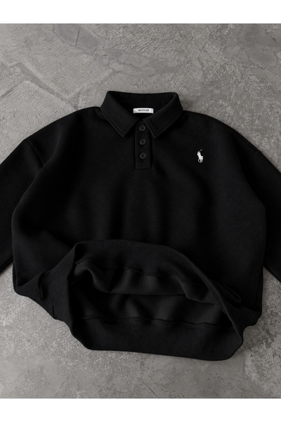 Violon Polo Yaka Nakış Detaylı Basic Oversize Unisex Sweatshirt