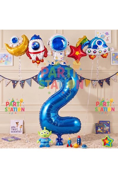 Parti Station Navy Blue Color Number Balloon Space Concept 2 Year Old Birthda...