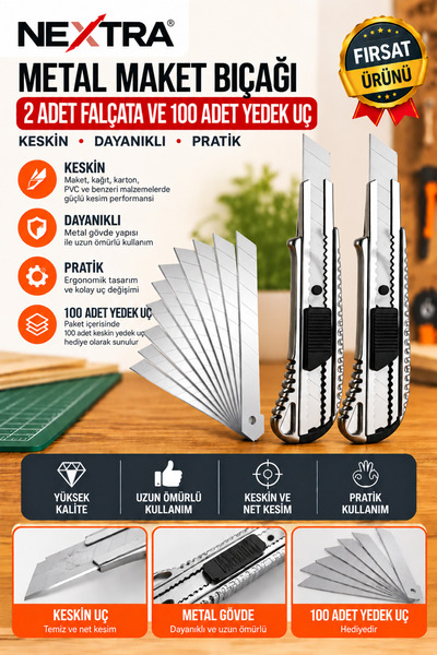 NEXTRA Metal Falçata 2 adet ve 100 adet falçata yedek bıçağı seti maket bıçağ...