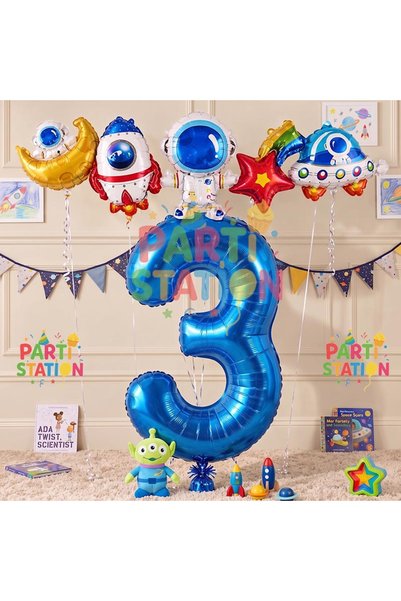 Parti Station Navy Blue Color Number Balloon Space Concept 3 Year Old Birthda...