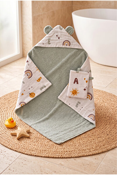 HEİANMONO Bebek Kundak Banyo Havlusu %100 Pamuk (Dışı Müslin İçi Havlu) (75x7...