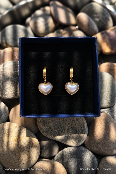 OVO SHOP Steel Heart Pearl Detailed Gold Minimal Women's Earrings