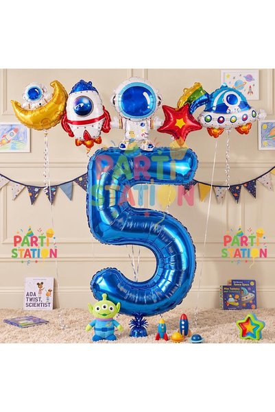 Parti Station Navy Blue Color Number Balloon Space Concept 5 Years Birthday B...