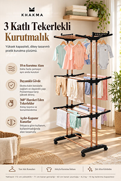 KHAKMA 3 Katlı Tekerlekli Katlanabilir Çamaşır Kurutmalık – Çelik Gövdeli Kan...
