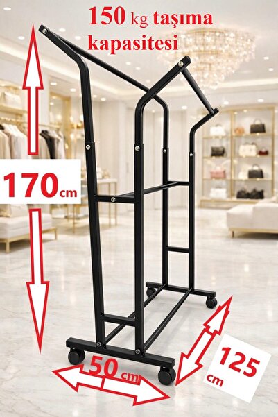 HOMEBELLA Premium 170 cm Çelik Konfeksiyon 125 cm En Elbise Askılık Tekerlekl...