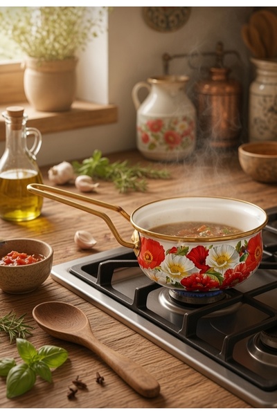 EBRULİEMAYE Gelincik Lux Emaye Tava Sosluk Kaserol 1litre 16 cm çap