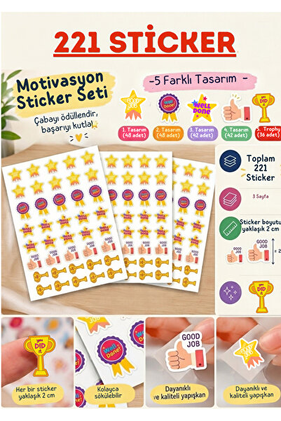 221 Adet Motivasyon Sticker | Öğretmen Ödül Etiketi | Çocuklar İçin Başarı Stickerı | 5 Farklı Tasarım