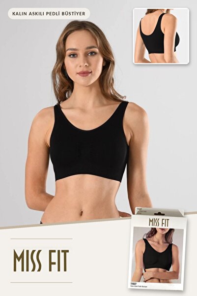 Miss Fit Kadın Kalın Askılı Pedli Dikişsiz Büstiyer Yarım Atlet Siyah