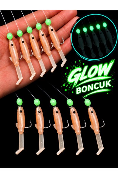 ea genset Silikon Balıklı Çapari 5 Cm (2 Adet) Silikon At Çek Takımı Somon Rengi Fosforlu Glow Boncuklu