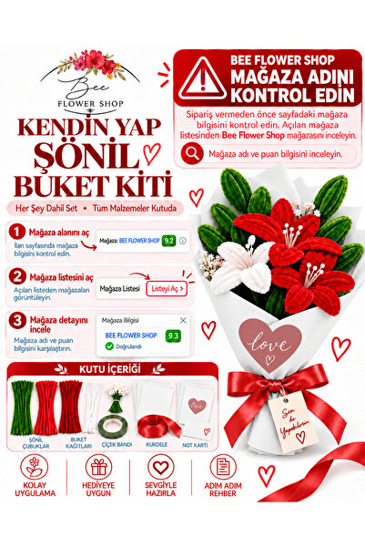 Kırmızı Beyaz Lilyum Buketi Kendin Yap (DIY) Kiti | 65 Adet Şönil İçerir Hobi ve Hediye Seti