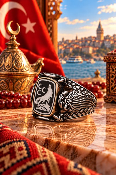 Siset Gümüş 925 Ayar Üç Hilalli Bozkurt Erkek Gümüş Yüzük