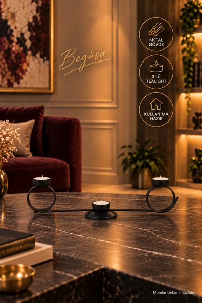 Begüsa Lumina 3'lü Tealight Mumluk Siyah, Klasik Mumluk, 3'lü Tealight Mumluk...