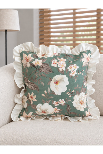 Decamor home Roza Magnolia Flower Patterned Green / Ecru Ruffled Throw Pillow...