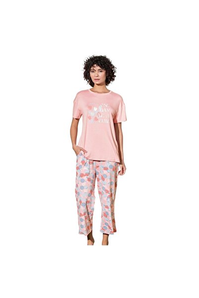 Aydoğan Kadın %95 Viskon %5 Esnek Kısa Kollu Bilek Üstü BacakPembe Geometrik Desenli Pijama Takım