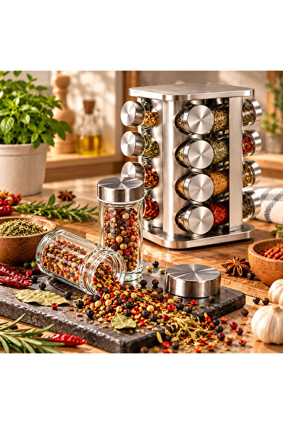 N.zone 360 Rotating Spice Rack Organizer 20 Glass Jars with Stainless Steel L...