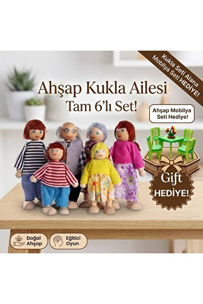 SAMTOYS Ahşap Kukla Aile Oyuncak 6 Kişilik - Mobilya Hediye Seti 1 Model