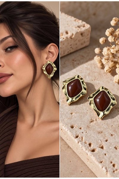 PARTEA Baklava Dilimi Dövme Çerçeveli Vintage Küpe - 14K Gold Retro Statement...