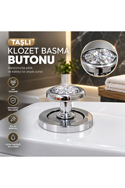 LOVYCO Gümüş Renk Kristal Taşlı Klozet Basma Buton Düğmesi Kulp, Kalp Klozet ...