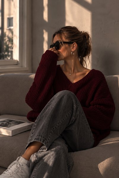 YUGA KNİTTİNG Women's Drapey V-Neck Selanik Knit Basic Sweater