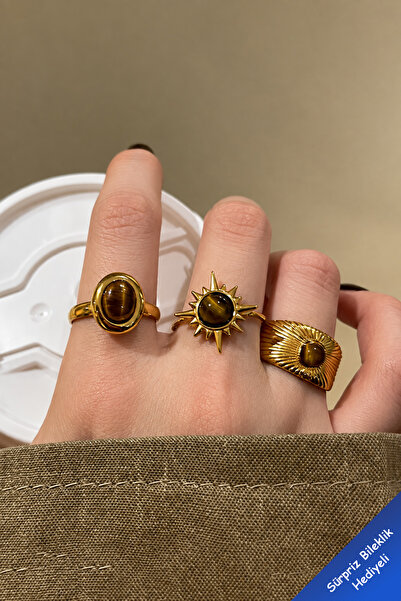 The Collection 3'lü Kombin Kahverengi Taşlı Gold Vintage Ayarlanabilir Yüzük Set
