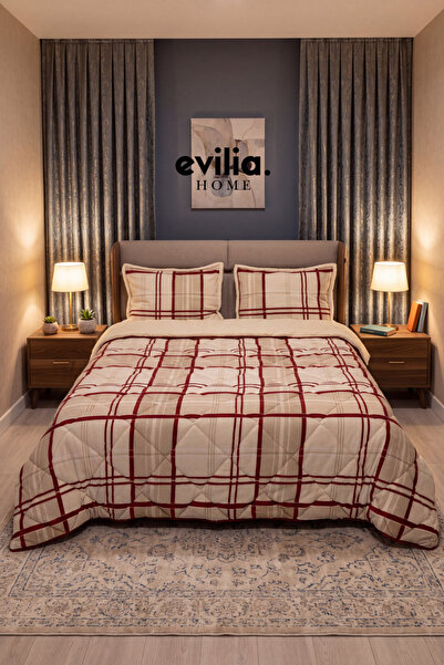 Merinos Comforter Çift Kişilik Yorgan Seti Bej-Kırmızı