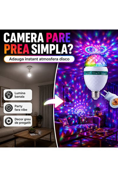 iTin Bec Rotativ Multicolor Disco LED 3W, E27, 85‑260V, cu Adaptor Priză, 144 x 79 mm