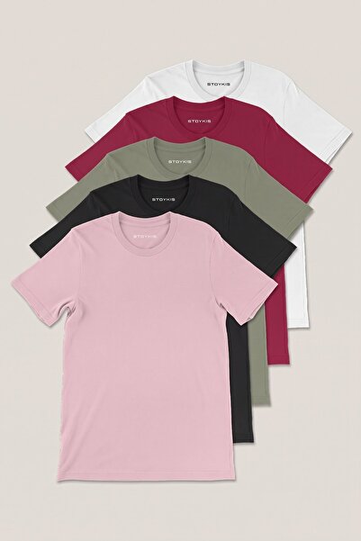 Stoykis Erkek Beyaz Bordo Haki Siyah Pudra %100 Pamuklu 5 Li T-shirt Paketi R...