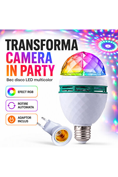 iTin Bec Rotativ Multicolor Disco LED 3W, E27, 85‑260V, cu Adaptor Priză, 144...