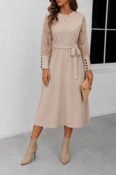 Simala Women's Long Sleeve Crew Neck Belted Waist Midi Waffle Dress
