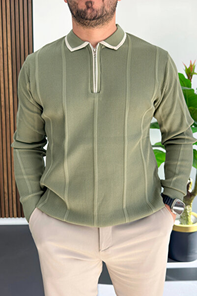 Edwox Pulover cu fermoar pentru bărbați, cu guler polo, verde Edw510