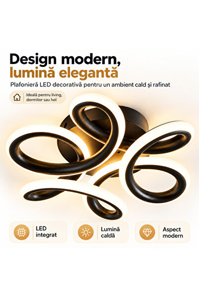 iTin Lustra LED 65W, 6402 lm, lumina calda neutra rece, 24x8 cm, negru mat