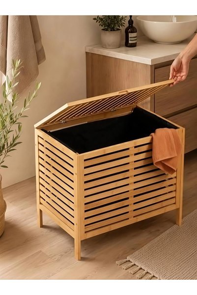 Go İthalat Kalın Ahşap Bambu Kirli Çamaşır Sepeti Siyah Kumaş Çantalı Sepet 50x38x55cm