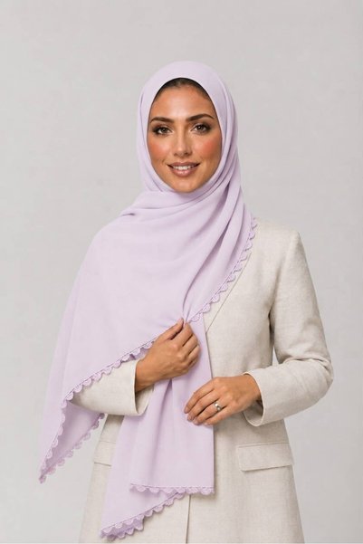 Veil Designer طرحة تركي موف اللافندر بشغل اويه تطريز يدوي علي ثلاثة اطراف بقم...
