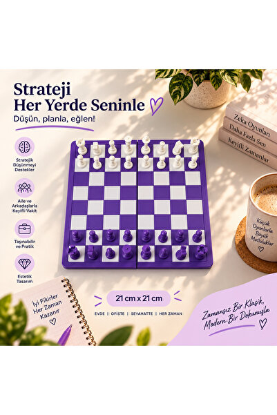 Katlanabilir Mini Satranç Takımı | 21 x 21 cm | Taş Saklama Bölmeli | Seyahat Tipi Taşınabilir Satranç Seti | Mor Beyaz