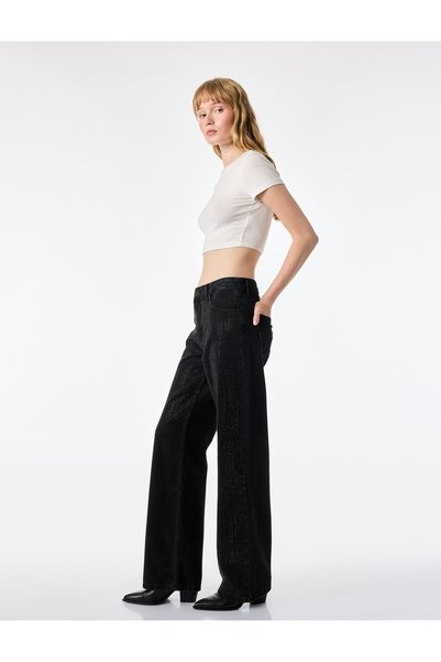 Koton Taşlı Düğmeli Yüksek Bel Düz Paça Denim Pantolon - Straight Fit Jean