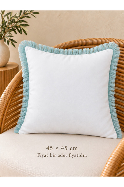 Decamor home Blue Tasseled White Throw Pillow Cover 1 Pc