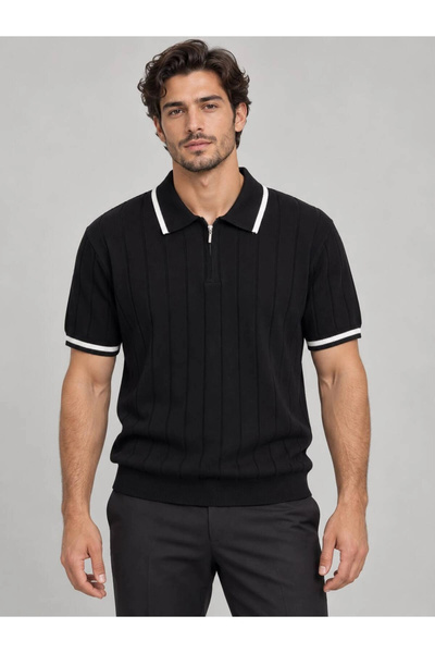 Butik Zippered Polo Collar Short Sleeve Knitwear T-Shirt