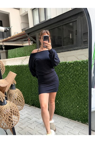 ELA Modal Kumaş Kayık Yaka Mini Elbise