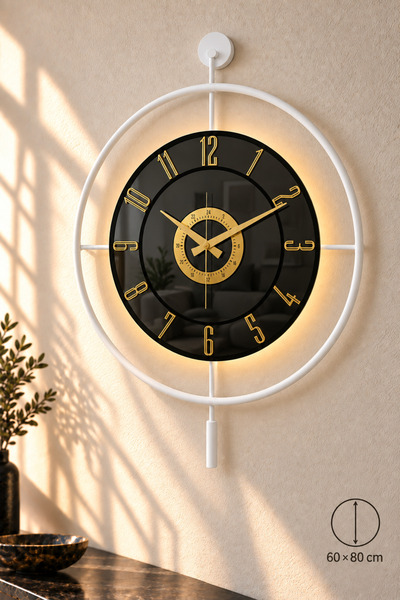Pey Aksesuar Metal Camlı Duvar Saati (60X80 CM BÜYÜK BOY) Işıklı Gerçek Cam B...